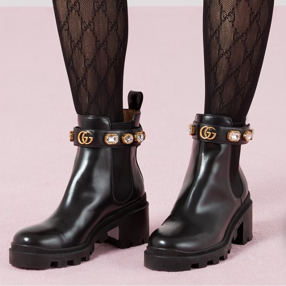 Gucci Leather Ankle Boot with Jewel Belt. Never worn. Like New.